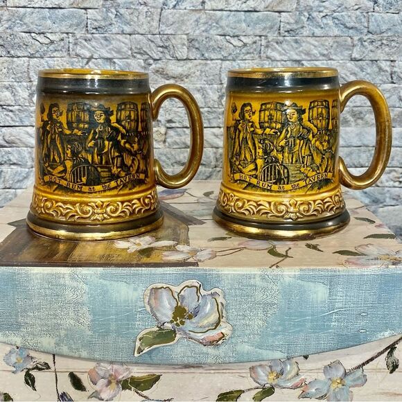 Vintage Beer Stein Mug Set of 2 Napco Japan Rum Traders 1785 Brass Tone - Picture 8 of 11